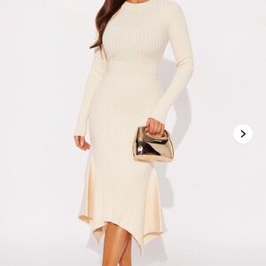 Fashion Nova Cream Ribbed Bodycon Dtess Mermaid Style